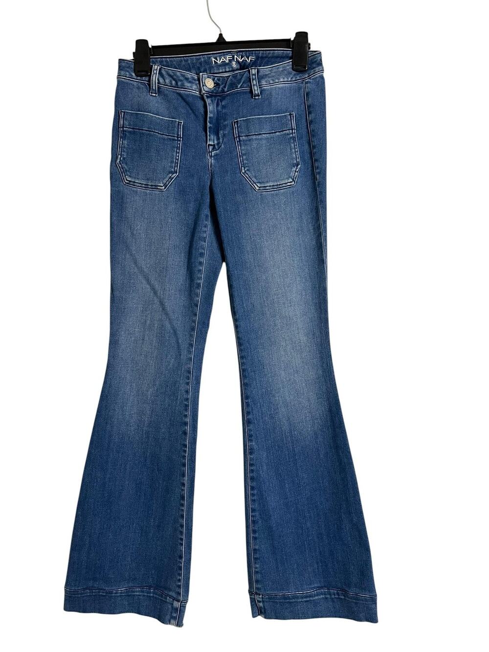 NAF NAF Flare Jeans Womens 8 Blue Medium Wash Front Patch Pockets Stretch